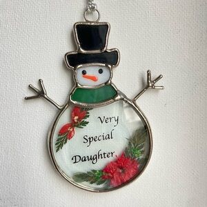 Stained glass snowman Christmas ornament Very Special Daughter pressed flowers